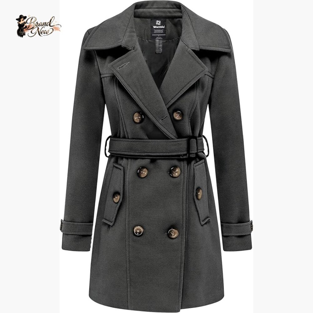 Polyester Double Breasted Pea Coat With Belt Wind… - image 1